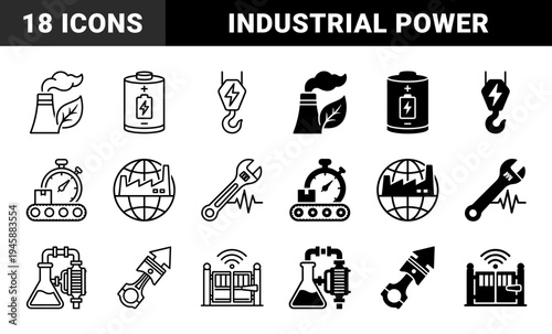 Industrial Manufacturing and Sustainable Energy Hybrid Icons Merging Factory Plants with Leaves Battery Storage and Automated Production Systems