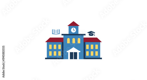 Blue School Building With Clock Tower.