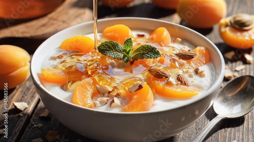 Fresh apricot yogurt bowl with granola and mint on wooden surface