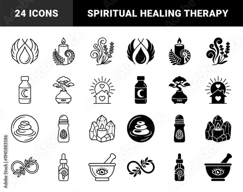 Wellness and Holistic Therapy Symbols Featuring Hybrid Designs Merging Botanical Ferns with Ritual Candles and Essential Oil Bottles with Shells