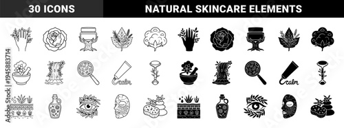 Organic Skincare and Botanical Beauty Icons Featuring Hybrid Designs Merging Human Features with Medicinal Plants and Natural Elements