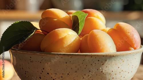 Fresh apricots in ceramic bowl on wooden surface with natural sunlight