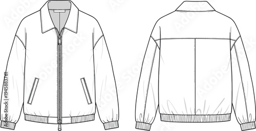 Technical Fashion Sketch of Harrington Bomber Jacket, Front and Back View, CAD Drawing Flat Vector Illustration, Zip Up Jacket Mockup.
