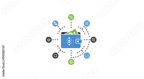 Blue wallet with white icons money.