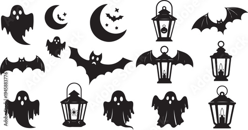 Halloween icons set with bats, ghosts, and lanterns symbols