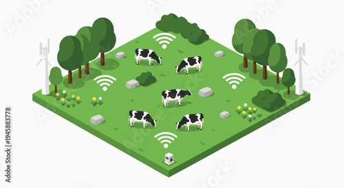 Smart Farming Technology Vector Illustration of Cows in a Field with Wi-Fi Signals and Wind Turbines