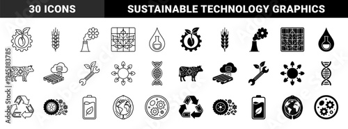 Hybrid sustainability and bioengineering symbols featuring organic nature elements merged with industrial machinery and digital technology components