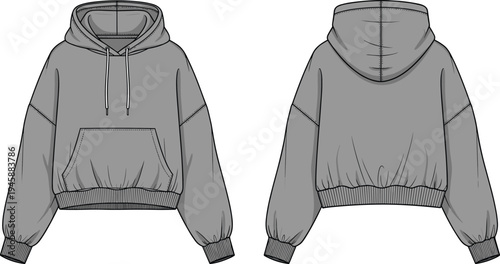 Technical Fashion Sketch of Grey Cropped Hoodie, Front and Back View, CAD Drawing Flat Vector Illustration, Hooded Sweatshirt Mockup, Streetwear Design.