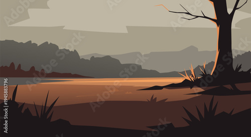 Serene Lakeside Landscape Vector Illustration with Gentle Morning Light and Distant Hills, a Peaceful Nature Scene