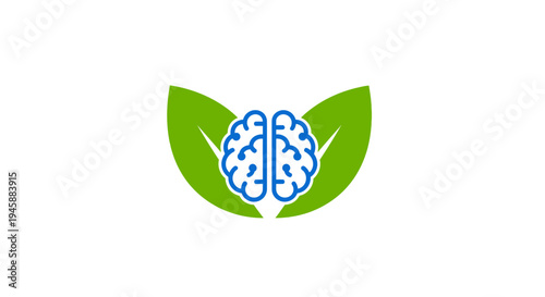 Brain Icon with Green Leaves.