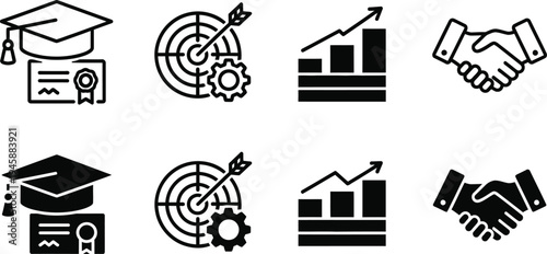 Business education and partnership icons set for professional development and growth