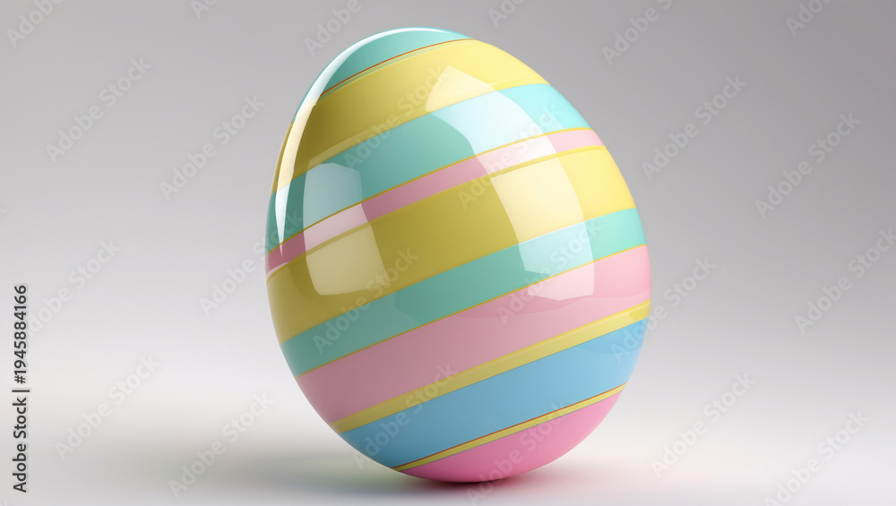 Obraz premium A glossy, pastel-striped Easter egg sits in a clean studio setting, perfect for holiday promotions.