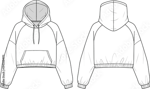 Technical Fashion Sketch of Raglan Cropped Hoodie, Front and Back View, CAD Drawing Flat Vector Illustration, Hooded Sweatshirt Mockup, Streetwear Design.