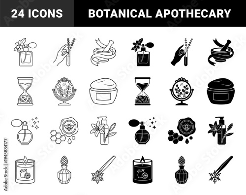 Artisanal apothecary and botanical skincare line icons featuring hybrid designs of perfume bottles with flowers and organic lab equipment