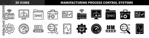 Industrial Automation and PLC Programming Icon Set Featuring Logic Flowcharts Modular Controllers and Digital Manufacturing Interface Symbols