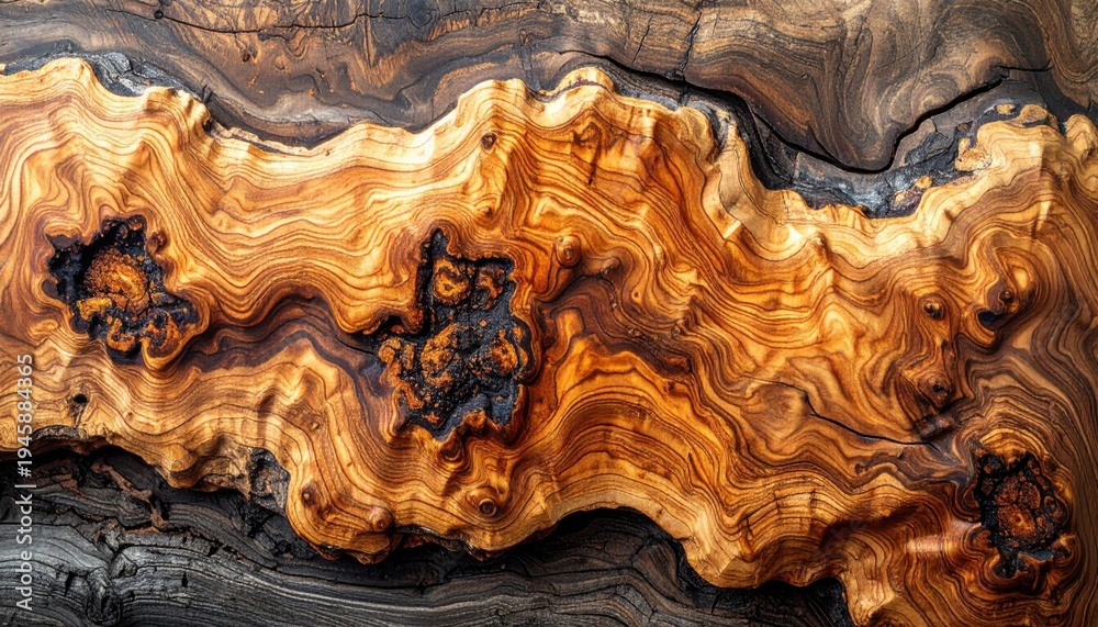 custom made wallpaper toronto digitalA close-up view of a highly figured burl wood grain pattern, showcasing its rich, warm colors and intricate natural textures.