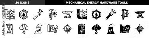 Industrial engineering and smart energy hybrid icons featuring mechanical pipes with circuit traces atom calipers and sustainable power plant cooling towers