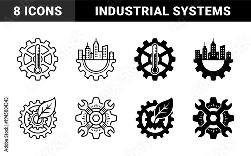 Hybrid industrial gear icons merging mechanical cogwheels with environmental symbols temperature gauges urban cityscapes and maintenance wrench tools