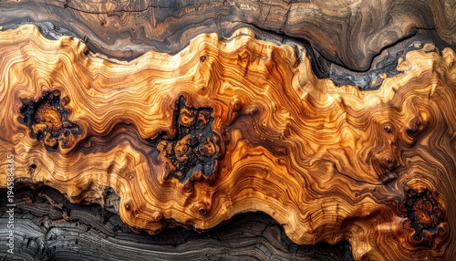 Wallpaper Mural A close-up view of a highly figured burl wood grain pattern, showcasing its rich, warm colors and intricate natural textures. Torontodigital.ca