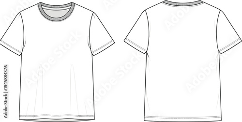 Technical Fashion Sketch of Basic Crew Neck T-Shirt, Front and Back View, CAD Drawing Flat Vector Illustration, Tee Shirt Mockup.