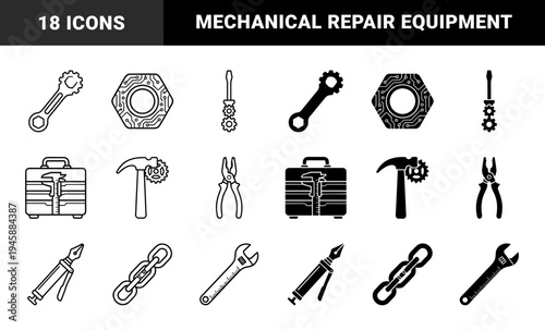Hybrid industrial maintenance icons merging traditional hand tools with mechanical gears and circuit patterns for technical engineering and repair services