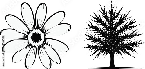 WebDetailed black and white flower head and stippled tree silhouette vector set, nature botanical elements, blooming daisy and garden tree.