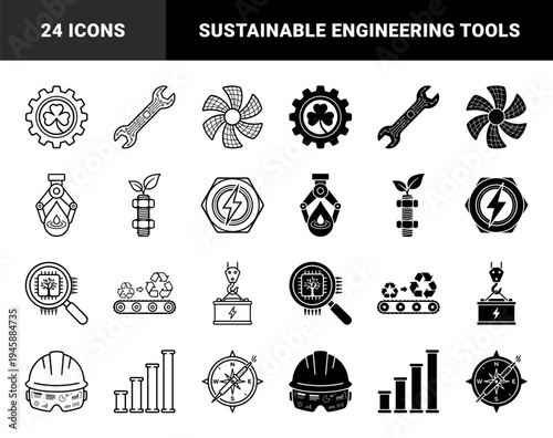 Sustainable industrial engineering and green energy technology hybrid icons featuring eco friendly mechanical tools and renewable resource symbols