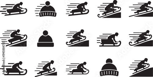 Speeding Downhill Skier Silhouette Icons on White Background Set