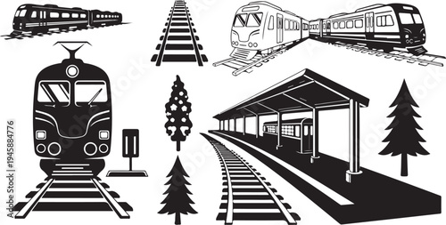 Train Station Scene with Tracks and Locomotive Silhouettes