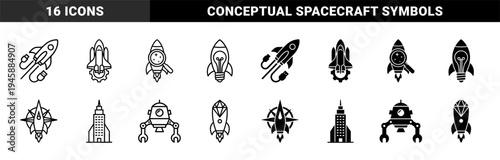Abstract Hybrid Rocket Ship Concepts Merging Spacecraft With Light Bulb Gear Power Cable Building Compass And Diamond Geometric Symbols
