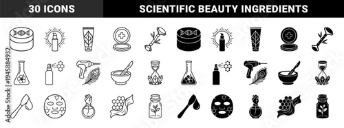 Scientific Skincare and Bioactive Cosmetic Ingredient Icons Featuring DNA Helix Jars Botanical Tubes Laboratory Flasks and Medical Cross Compacts