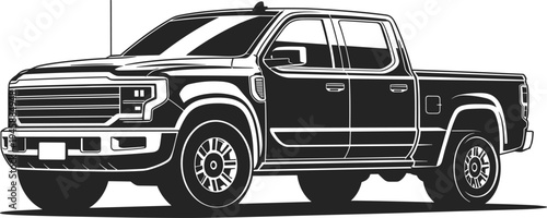 WebModern pickup truck vector illustration, black and white 4x4 off-road vehicle silhouette, automotive transport icon isolated on white background, design.