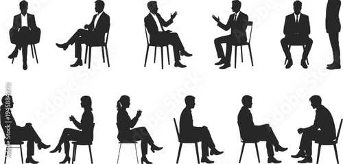 WebProfessional business people silhouettes sitting in chairs, diverse corporate men and women in suits communicating, interviewing, and networking in office.