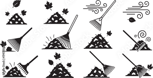 Black and white illustration of raking leaves with brooms