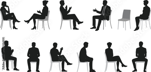 WebProfessional business people silhouettes sitting in gray chairs, corporate men and women communicating, interviewing, networking, office meeting, group collaboration, isolated.