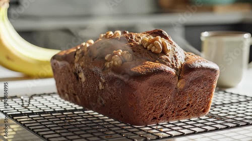 Freshly baked walnut loaf on cooling rack with banana and mug