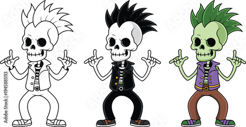 WebPunk rock skeleton vector set, mohawk skull character in line art, black outfit and green skin versions, halloween rockstar design.
