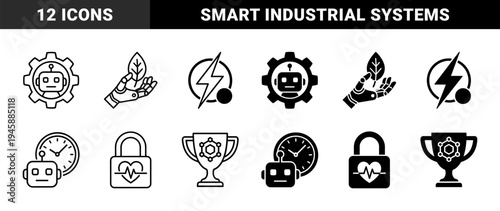 Hybrid robotic interface icons combining automation and organic elements like leaves gears lightning bolts and heart rate monitoring for sustainable technology