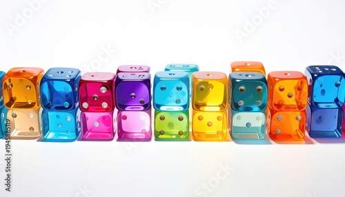 Wallpaper Mural Collection of colorful transparent acrylic dice arranged in a vibrant gradient line on a clean white surface, showcasing playful design. Torontodigital.ca