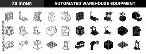 Smart Logistics and Automated Warehouse Management Icons Featuring Hybrid Designs of Drones Pallets Robotic Arms and Digital Inventory Tracking