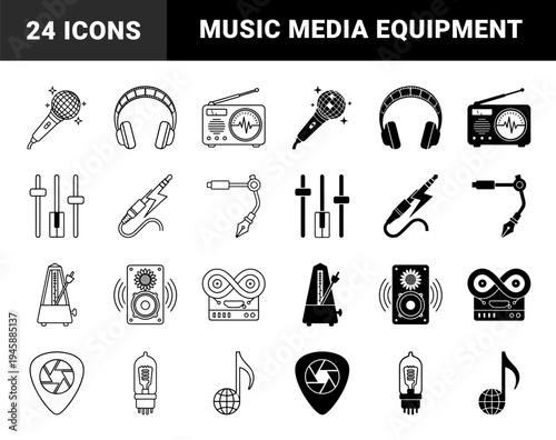 Hybrid Audio and Media Production Symbols Featuring Creative Mergers like Microphone Disco Balls and Film Reel Headphones in Outline and Solid Style