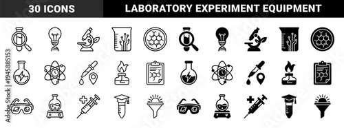 Biotechnology and laboratory research icons featuring hybrid symbols of DNA lightbulbs, leaf microscopes, and circuit beaker glassware in line and solid styles