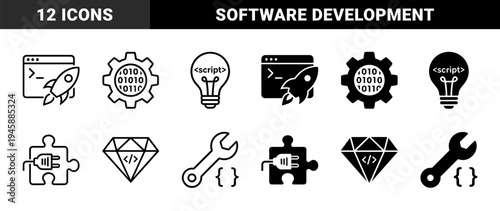 Software Development Hybrid Icons Merging Rocket Launch with Browser Code Binary Gear Innovation and Puzzle Plugin Integration Graphics