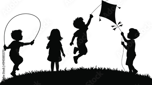 WebVector illustration of children silhouettes playing outdoors, jumping rope, flying kite, joyful activity, childhood fun, nature scene, leisure, happiness, design