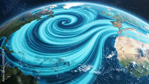 This video features ocean currents pattern with turquoise flow motion at global scale, climate science concept, environmental data visualization theme, and earth systems branding visual.