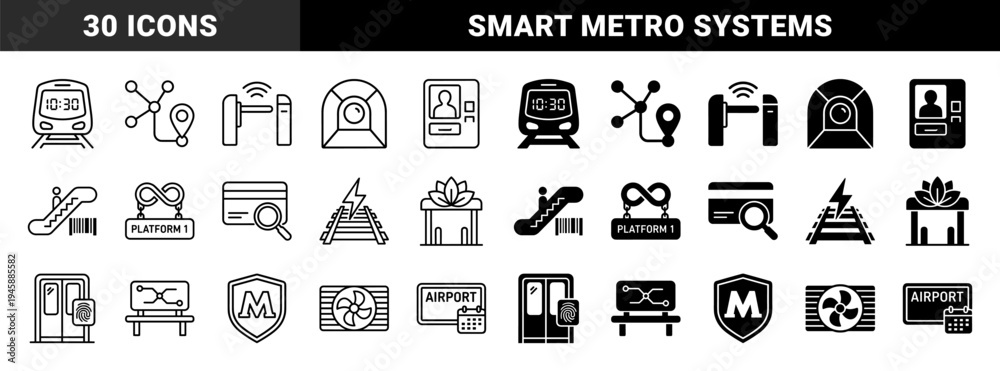 Obraz premium Hybrid transit and smart city infrastructure icons featuring subway train with digital clock map with location pin and biometric security gate