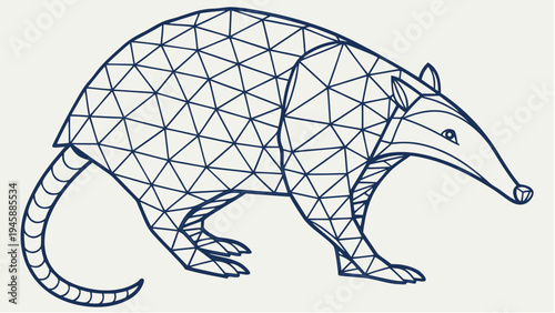 Geometric anteater illustration with polygonal mesh blue lines on gray background abstract animal design