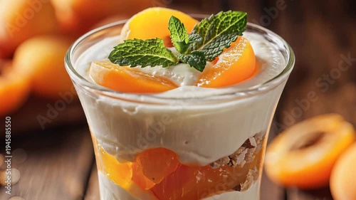 Layered dessert with fresh apricots and cream in elegant glass on wooden surface