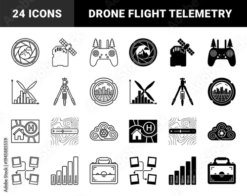 Hybrid Aerial Cinematography and Drone Photography Icons Featuring Integrated Camera Aperture Mountains Satellite Memory Cards and Radar Sensors
