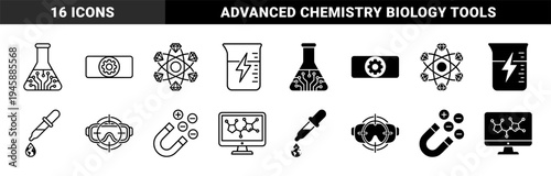 Hybrid scientific laboratory icons merging chemistry equipment with digital circuit patterns molecular diamonds energy bolts and global research symbols